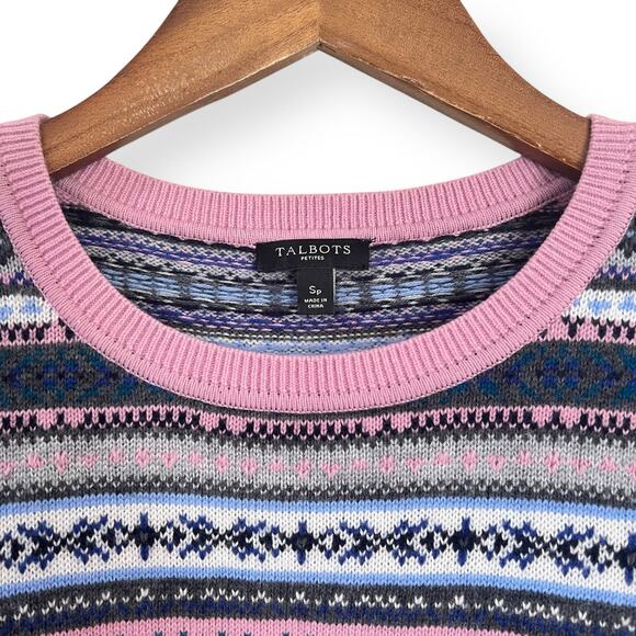 Talbots Petites SP Gray Pink Fair Isle Knit Casual Sweater Soft Lambswool Blend - Picture 2 of 7